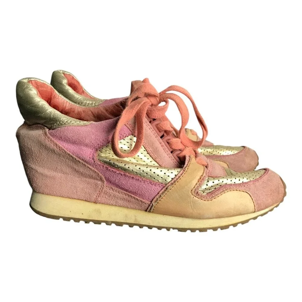 Ash Wedge Sneakers Womens 8.5 Pink Gold Dean Bis Leather Perforated‎ Hidden Heel